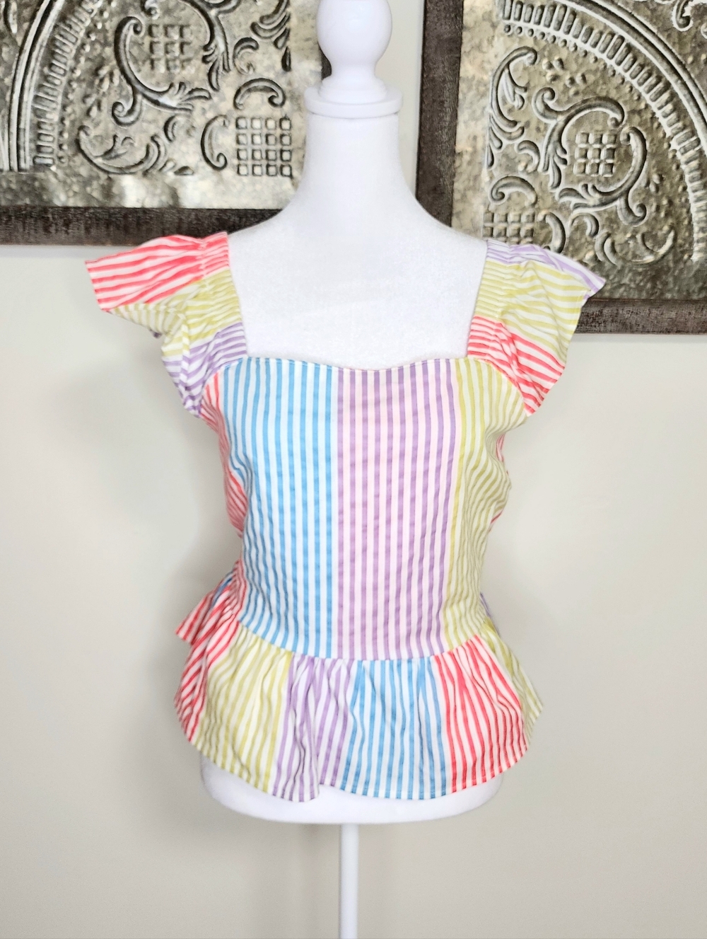 Iky & Me Rainbow Striped Open Tie Back Peplum Top Large Coquette Summer Picnic